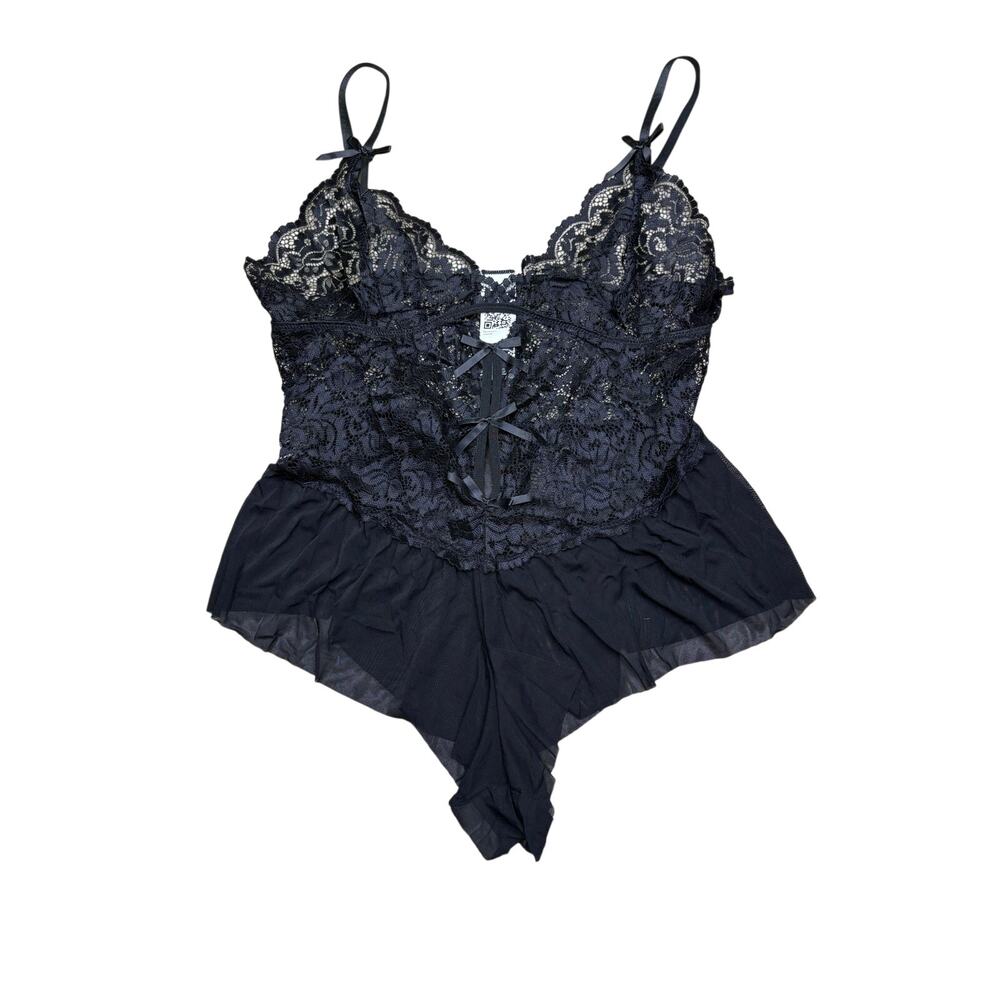 Black Lace Babydoll Teddy Bodysuit XL Sheer Mesh Lingerie One Piece NWOT